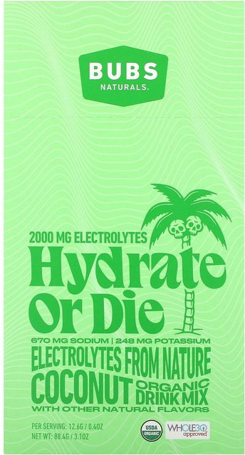 BUBS Naturals, Hydrate or Die, Getränkepulver, Kokos, 7 x 0,0126 kg - Bild 1
