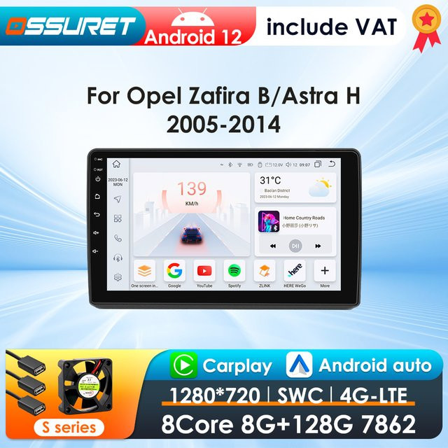 OSSURET Android 13 Autoradio mit 360 Kamera, GPS und 4G für Opel Zafira B und Astra H, Multimedia-System mit Carplay, Schwarz - Bild 1