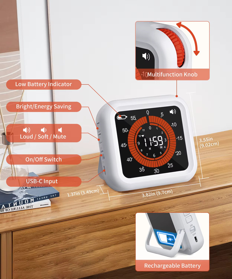 NOKLEAD Visueller Digitaler Timer in Weiß, Multifunktionaler Magnetischer USB-Lade-Timer mit 12-Stunden-Countdown und Stoppuhr für Büro, Klassenzimmer und Küche - Bild 4