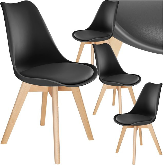 tectake Set Esszimmerstühle Frederikke Scandi-Design in Schwarz mit gepolsterter Sitzfläche und Ulmenholzbeinen, 4er Set, B/T/H: 49 x 53 x 82 cm - Bild 1