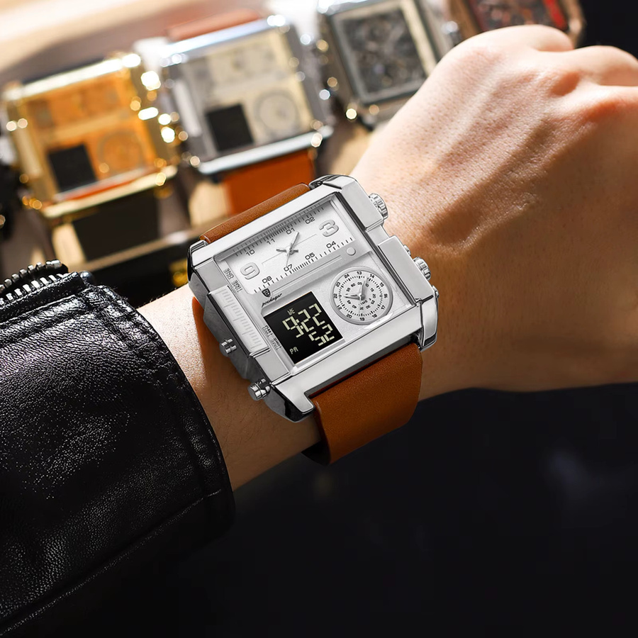 POEDAGAR Digitaluhr, Quarz, Edelstahl, Leder, Gold, Herren - Bild 5