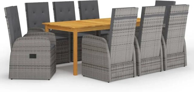 vidaXL 9-teilige Garten-Essgruppe aus Polyrattan und Akazienholz in Grau mit Kissen - Bild 1