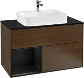 V&B Waschtischunterschrank Finion 100 mit Wandbeleuchtung und Regal in Walnuss - Bild 1