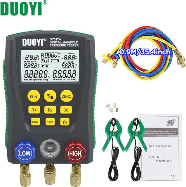 DUOYI DY517A Digitales Kältetechnik-Manometer als Vakuum-Drucktester und HVAC-Temperaturprüfgerät mit integrierter Unterstützung für 89 Kältemittel sowie Überhitzungsprüfung - Bild 1