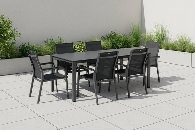 Kettler BasicPlus Premium Esstischgarnitur aus Aluminium und Textilene in Anthrazit und Schwarz mit Tisch und 6 Stapelsesseln, Tisch B: 160 cm, T: 95 cm, H: 74 cm - Bild 1