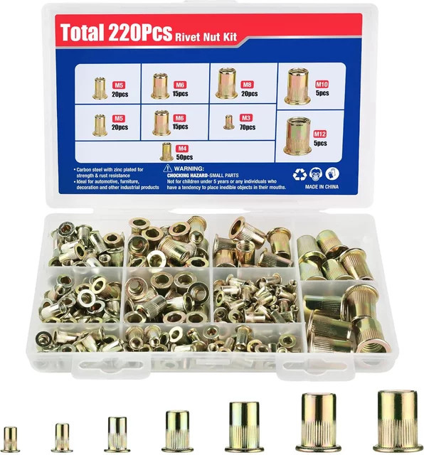 YISEONG Nietmuttern Set aus verzinktem Kohlenstoffstahl mit 220 Stück Flachkopf Gewindeeinsatz für Nietmutterpistole in den Größen M3 M4 M5 M6 M8 M10 M12 - Bild 1
