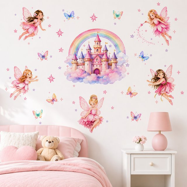 Kingsmile Wandaufkleber-Set für Kinderzimmer mit Prinzessinnen-Schloss, Feen, Regenbogen und Schmetterlingen in Multicolor - Bild 1