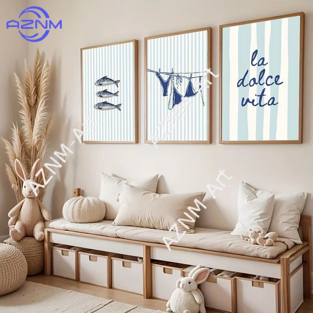 Potdemiel Leinwanddruck Poster Sardinen Blau Gestreift Moderne Küsten-Dekoration Sommer Wandkunst - Bild 1