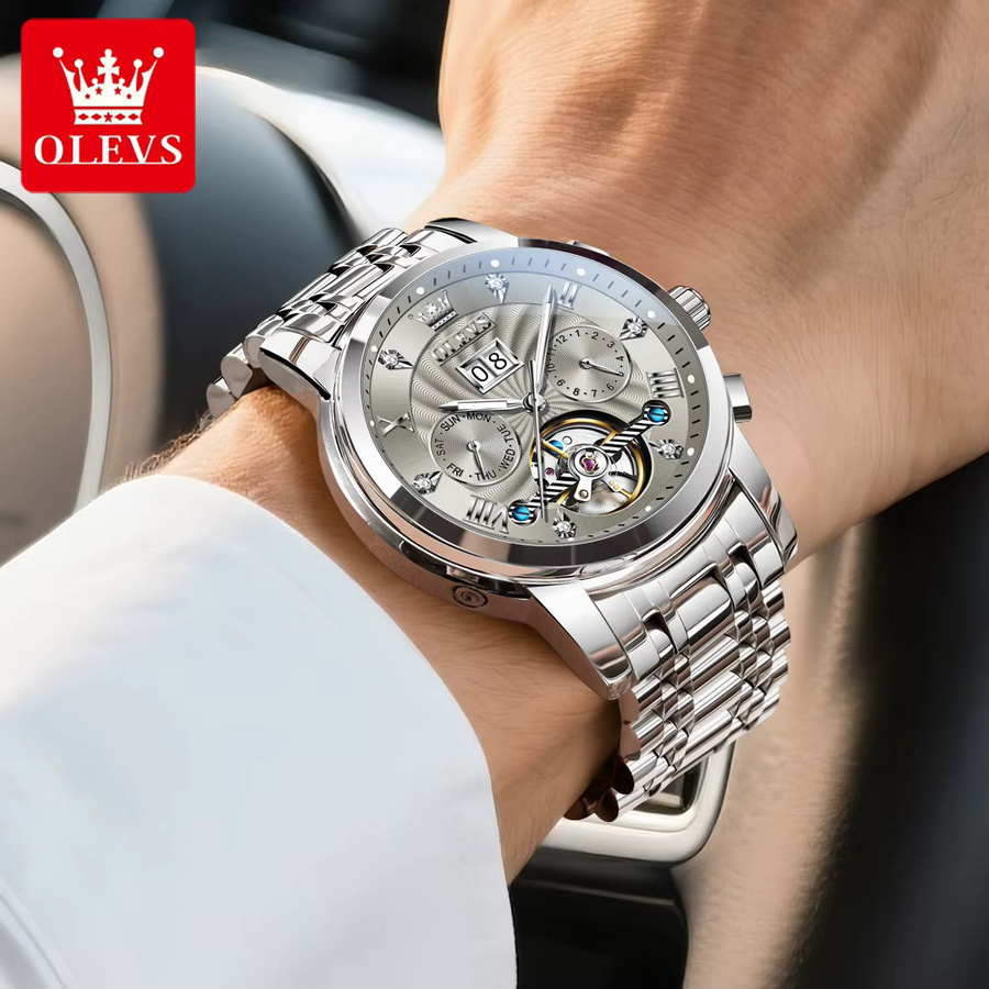 OLEVS Armbanduhr Automatik, Edelstahl, Silber, Herren, Datum - Bild 4