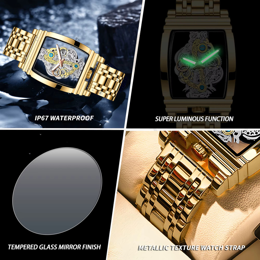 BINBOND Armbanduhr Quarz, Edelstahl, Gold, Herren, Rechteckig - Bild 6