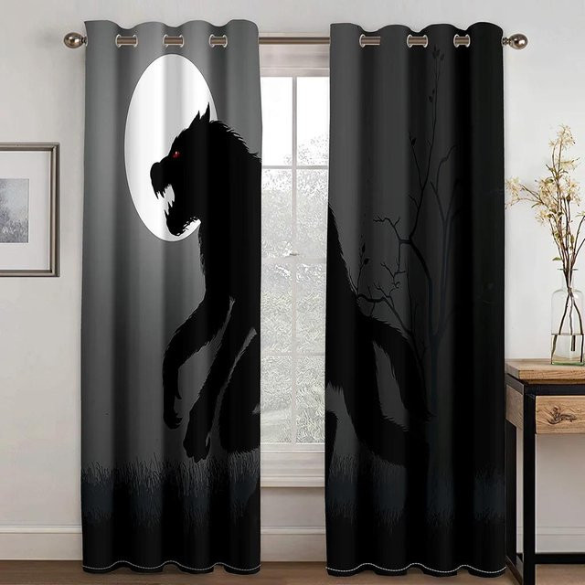Yiran Furniture Verdunkelungsvorhang mit Horror-Motiv Wolf und Mond, 2er-Set Schwarz, B: 55 cm, H: 120 cm - Bild 1