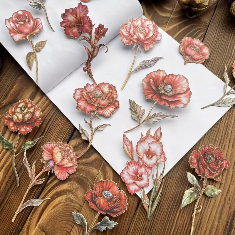 Vintage-Aufkleber-Set Blumenschatten-Serie aus dickem Papier mit langstieligen Blumen, 15 Blatt pro Packung, Mehrfarbig - Bild 2