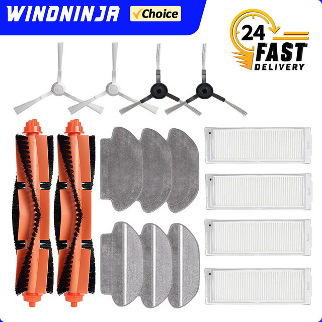 WINDNINJA Ersatzteil-Kit für Xiaomi Robot Vacuum Mop 2S Pro P S10EU STYTJ02YM V3 SE mit Premium Filter, Hauptbürste und saugfähigen Mopp-Tüchern in Weiß - Bild 1
