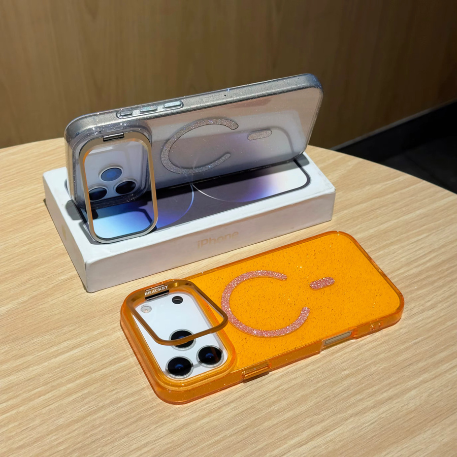 Stoßfeste Glitzer-Magnetständer-Hülle für iPhone 17 16 15 14 13 Pro Max Plus mit MagSafe Wireless Charging Clear Cover in Transparent Orange - Bild 2
