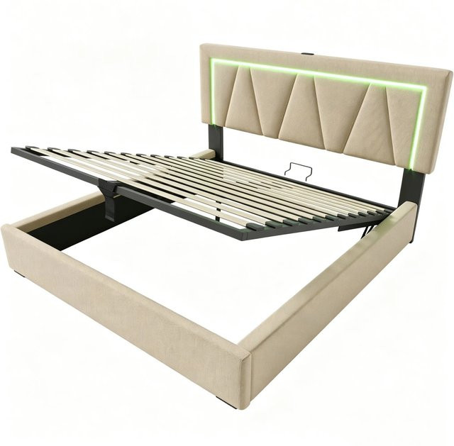 okwish Polsterbett Beige mit LED, USB-Anschluss und Stauraum, B/T/H: 140 x 200 x 110,5 cm - Bild 1