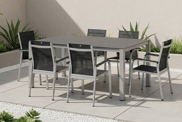 Kettler BasicPlus Premium Garten-Essgruppe aus Aluminium und Spraystone in Silber mit Tisch und 6 Stapelsesseln, Tisch B: 160 cm, T: 95 cm, H: 75 cm - Bild 1