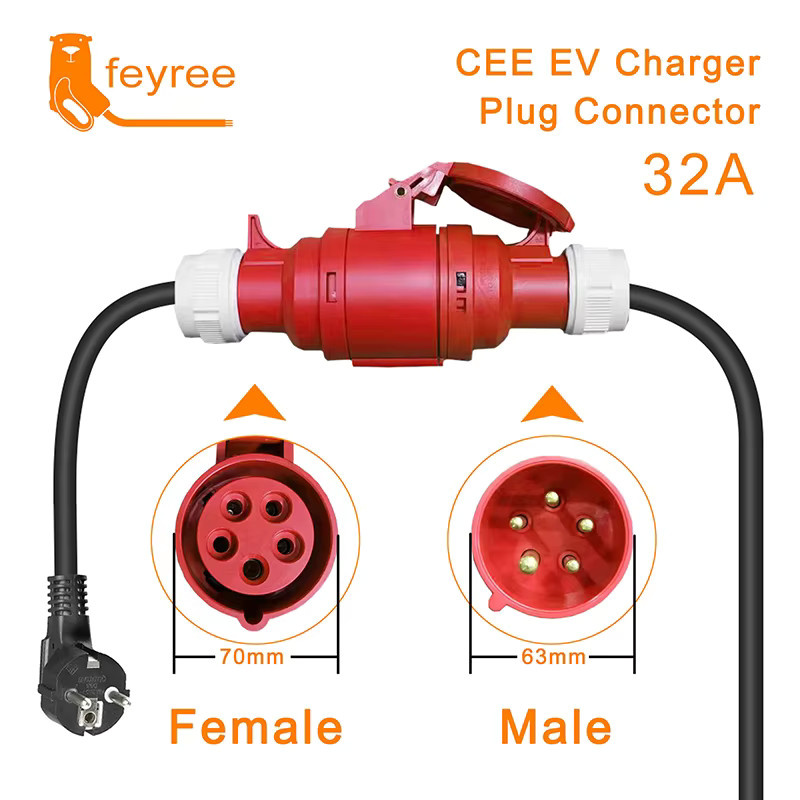 Feyree EV-Ladegerät Schuko-Stecker auf CEE Roter 5-Poliger Buchsenadapter für 32A 3-Phasen 22KW Tragbares Ladegerät - Bild 2