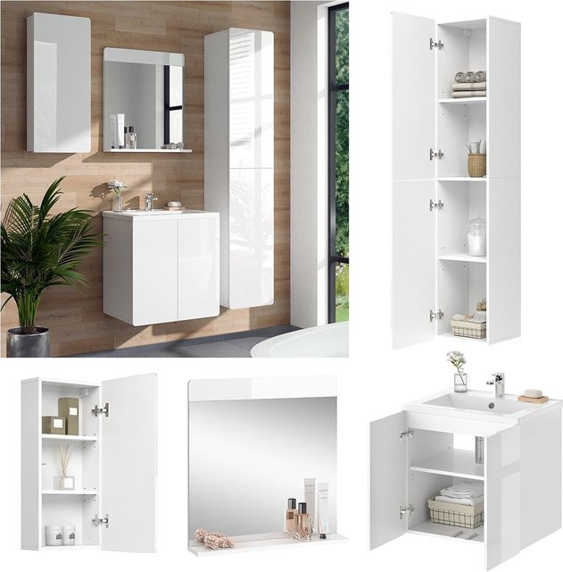Vicco Badmöbelset Izan in Weiß Hochglanz bestehend aus Unterschrank, Waschbecken, Badspiegel und Hängeschrank - Bild 1