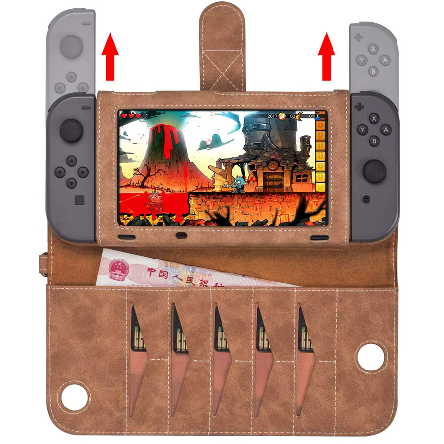 JONSNOW Multikartenfach PU-Leder-Hülle für Nintendo Switch OLED in Braun mit Standfunktion und Handschlaufe - Bild 3