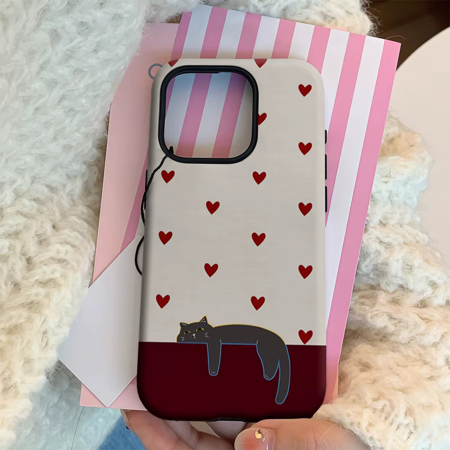 Potdemiel Magnetische Handyhülle mit Rotes Herz und Schwarze Katze für iPhone 17 16 15 14 13 Pro Max Plus, Robuste Ein- und Doppelschicht-Schutzhülle, Rot/Schwarz/Mehrfarbig - Bild 4