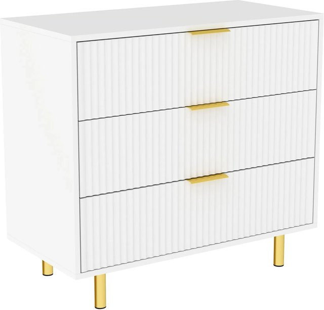 okwish Kommode mit 3 Schubladen in Weiß und Gold, modernes Design für dein Wohnzimmer, B/T/H: 80 x 40 x 72 cm - Bild 1