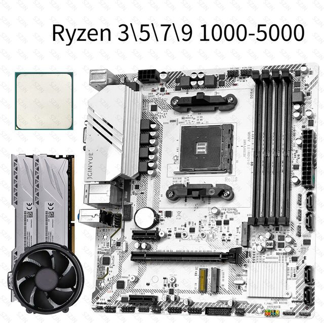 SZJN B450M Motherboard-Set mit CPU-Kühler, AM4 Micro ATX Gaming Combo mit WIFI, DDR4 Dual Channel Support und M2 NVME, Weiß - Bild 1