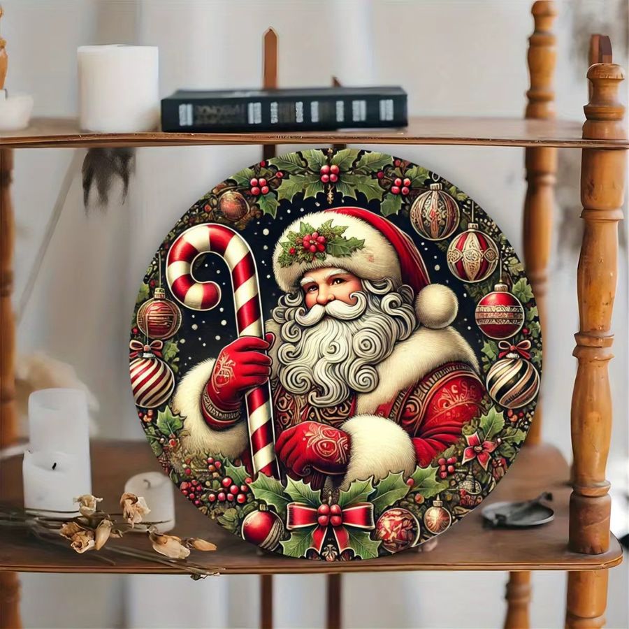 Potdemiel Weihnachtsmann Wanddekoration aus Metall, rundes Blechschild mit Kranz in Multicolor, Durchmesser: 20 cm - Bild 5