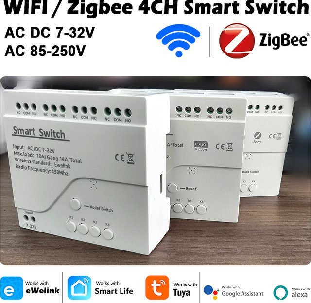 Scimagic-RC 4-Wege Smart Relay Modul für DIN-Schiene in Weiß mit WLAN und Zigbee zur App-Steuerung via Tuya oder Ewelink sowie RF433-Empfänger - Bild 1