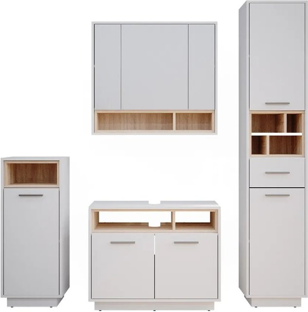 Vicco Badmöbel-Set Beatrice in Weiß und Beige, modernes 4-teiliges Set bestehend aus Waschtischunterschrank, Spiegelschrank und Wandschrank aus MDF - Bild 1