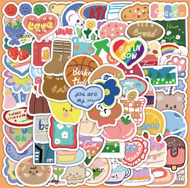 100 Stück Ästhetische Cartoon Aufkleber im Ölgemälde-Stil von BulingBulingStickers Shop, Mehrfarbig, für Laptop, Telefon und Helm - Bild 1