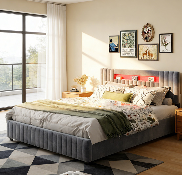 Modernes HYNHXBP Jugendbett mit Polsterrahmen aus Samtstoff in Grau, inklusive Kopfteil mit LED-Beleuchtung, integrierten Staufächern und hydraulischem Bettkasten, Maße: B: 140 cm, T: 200 cm - Bild 1