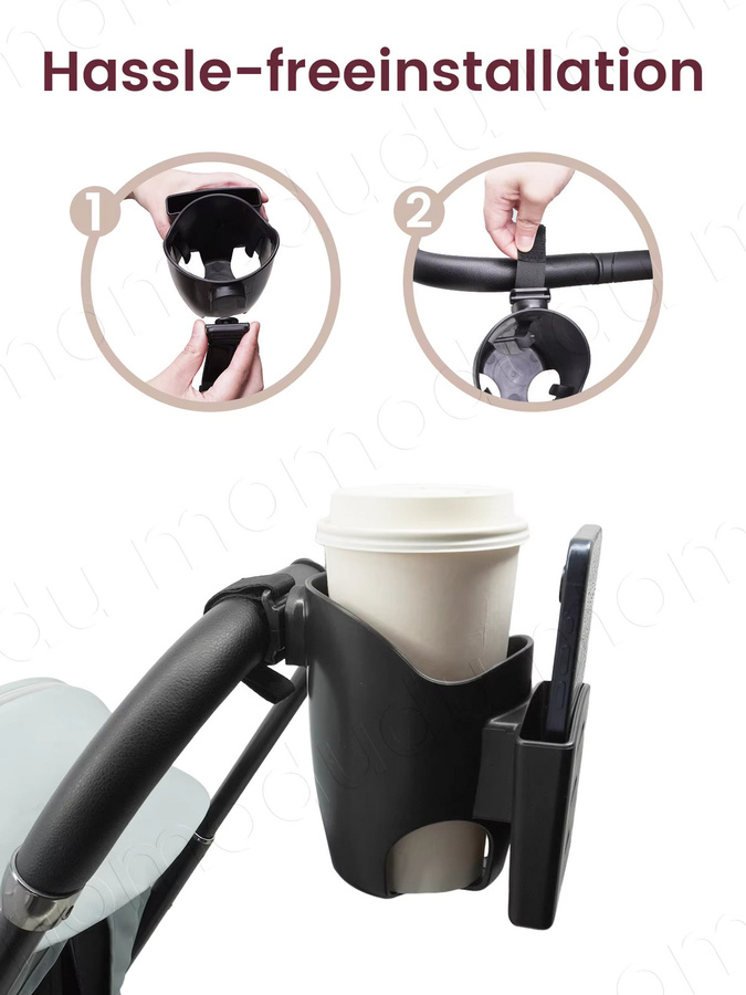 Kisslanding Universeller Getränkehalter mit Handyhalterung in Schwarz für Baby-Kinderwagen und Elektrofahrräder - Bild 4
