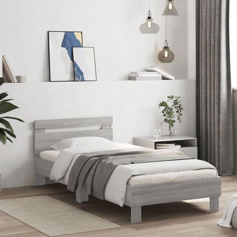 Vidaxl Bettgestell mit Kopfteil in Grau, Einzelbett aus Holzwerkstoff, B/L: 90 x 200 cm - Bild 1