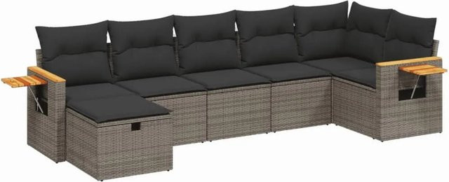 vidaXL 7-tlg. Garten-Sofagarnitur in L-Form aus Poly Rattan mit Kissen und Ottoman, Grau - Bild 1