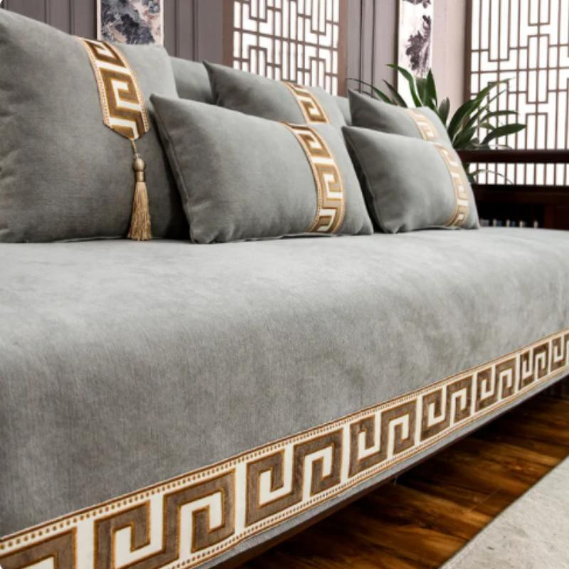 XIFEI Sofabezug aus Chenille im chinesischen Stil, rutschfest, beige, B: 210 cm, T: 90 cm - Bild 3