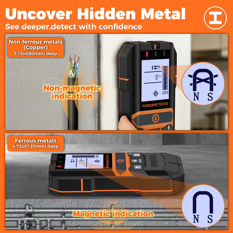 POROMETISTO 2-in-1 Wandscanner und Feuchtigkeitsmesser in Schwarz mit AC-Kabel-, Draht- und Holzdetektor sowie dreifarbiger Anzeige - Bild 4