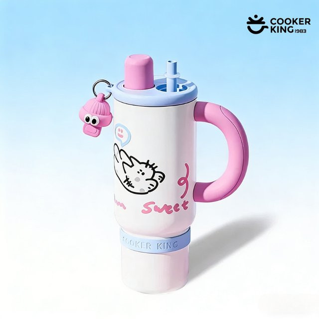 COOKER KING Thermosflasche aus Edelstahl und PP mit 1200 ml Fassungsvermögen in Pink und Weiß - Bild 1