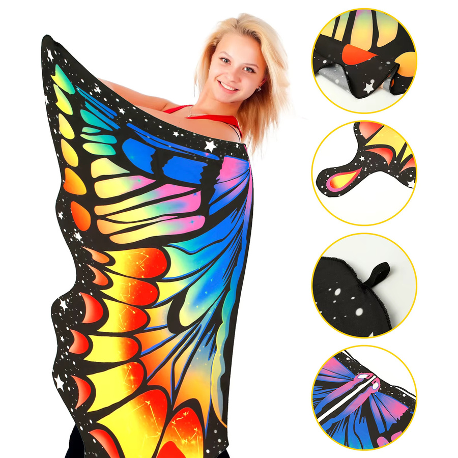 Bunter Schmetterlingsschal, Kostümmaske, Feenumhang mit Antennen-Stirnband, Fantasy, Bunt / Mehrfarbig, Gelb, Plüsch / Textil - Bild 2