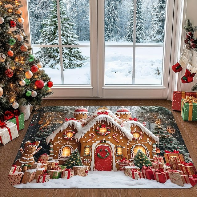 VIKAMA Weihnachts-Lebkuchen Teppich, rutschfester Dekoteppich für Wohnzimmer, Schlafzimmer und Flur, mehrfarbig - Bild 1