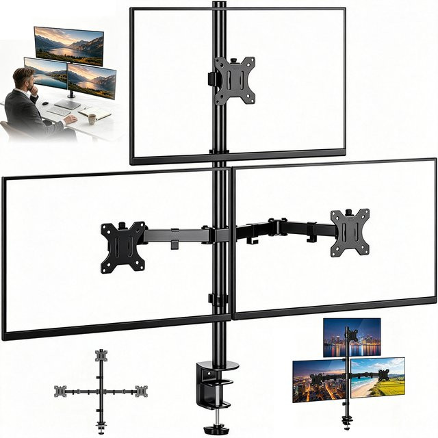 Dreifach-Monitorständer für 3 Bildschirme 10-32 Zoll in Schwarz, höhen- und winkelverstellbar, VESA 75x75/100x100mm, für Flach- und Curved-Monitore bis 10kg pro Bildschirm - Bild 1