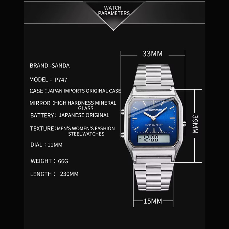 Sanda Fashion Digitaluhr, Quarz, Edelstahl, Schwarz, Unisex - Bild 4