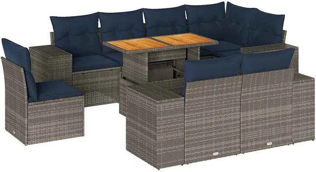 vidaXL 9-teilige Garten-Sofagarnitur aus Poly-Rattan und Akazienholz in Grau mit Kissen - Bild 1