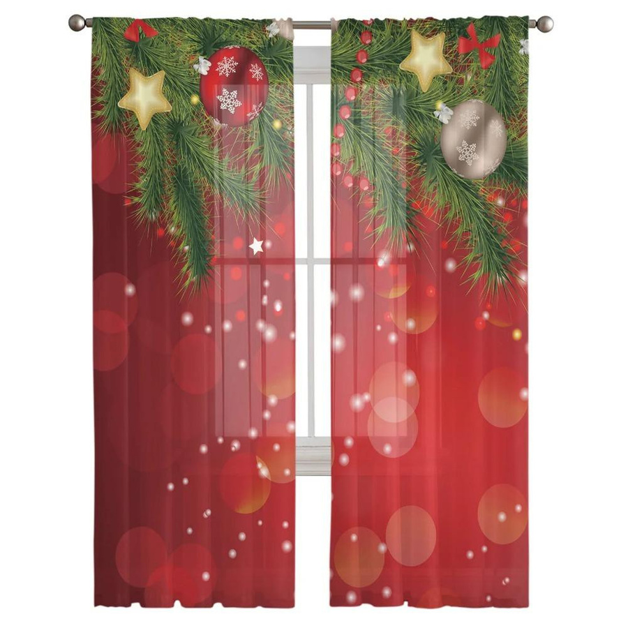 Yiran Furniture Chiffon-Vorhang mit Weihnachtsbaum-Motiv, Schneeflocken, Schleife und roten Punkten, transparent, B: 135 cm, H: 115 cm - Bild 1