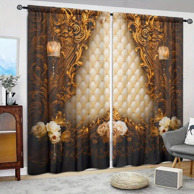 2er-Set Retro Luxus Vorhang mit Print in Beige, halbtransparentes Fensterdekor für Wohnzimmer, Schlafzimmer oder Büro, B: 52,5 cm, H: 116 cm - Bild 1