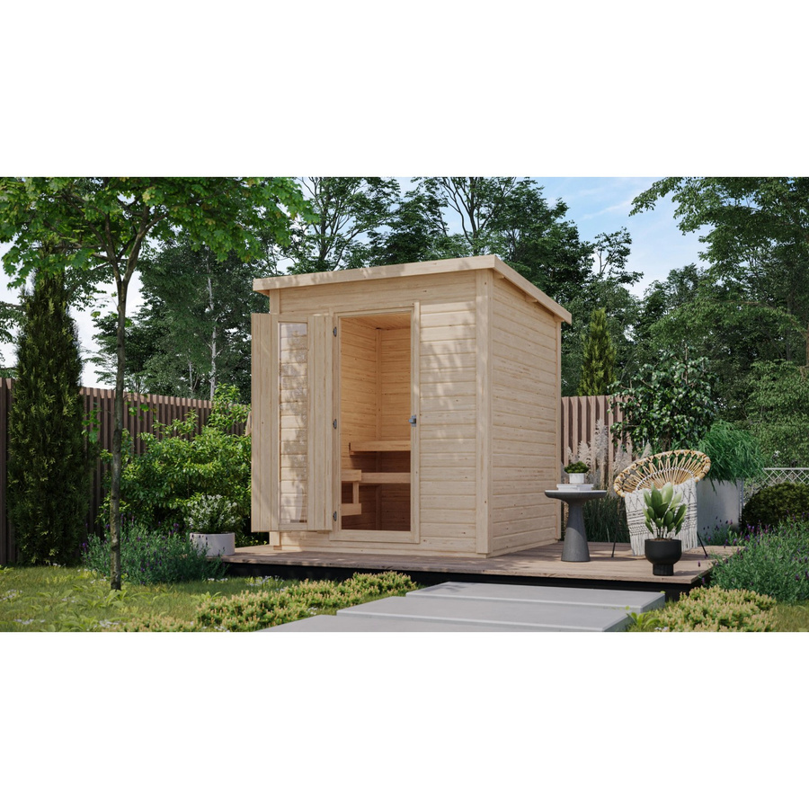 Karibu Saunahaus Arvi Set aus Fichte in Braun mit 9 kW Ofen und externer Steuerung für Bio-Sauna - Bild 2