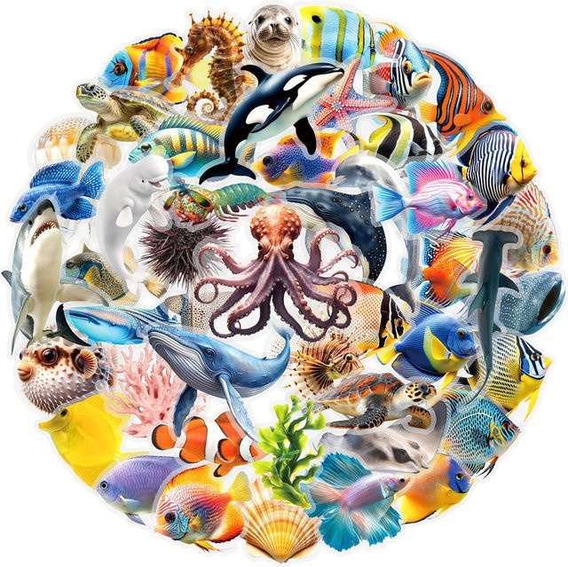 50 Stück doppelseitige transparente Meerestier-Graffiti-Aufkleber von YourLife Store, wasserfeste PET-Dekoration in Multicolour - Bild 1