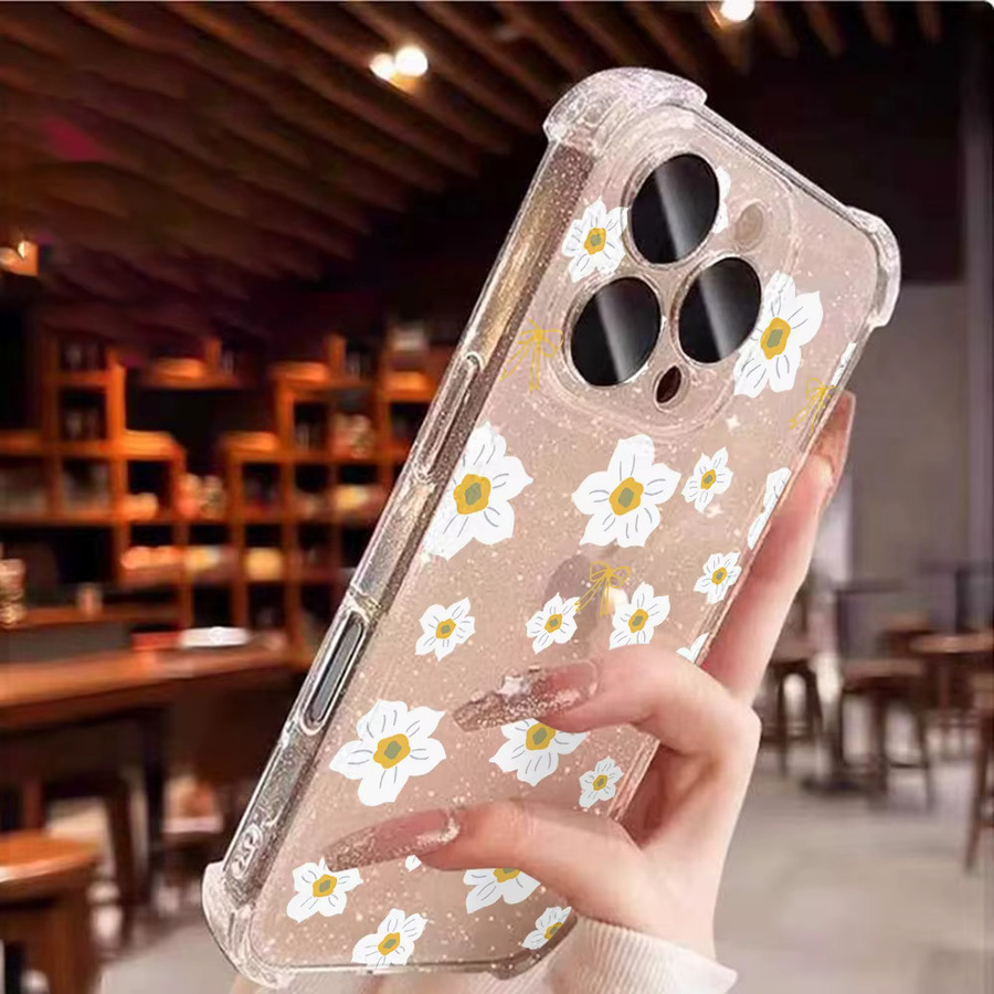 Transparente Silikon-Handyhülle mit Blumenmuster und Glitzer-Effekt für Apple iPhone 17, 16, 15, 14, 13, 12, 11 Pro Max, stoßfestes Softcover - Bild 5
