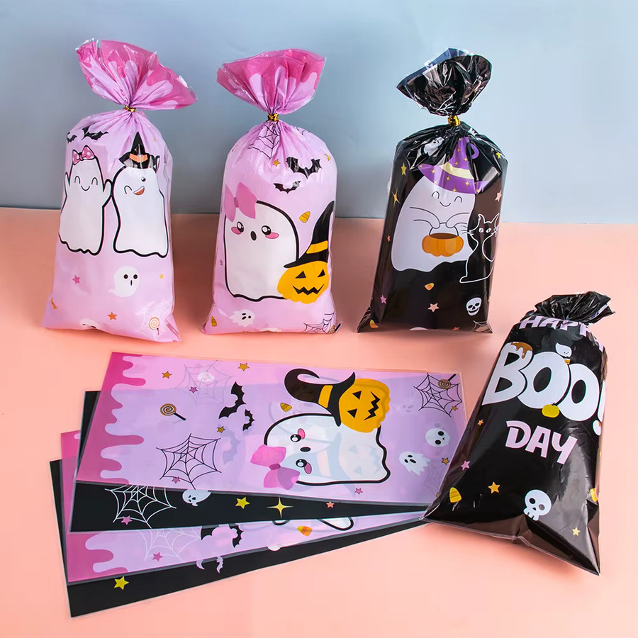 WEIGAO Halloween Süßigkeiten Taschen Set mit Geist und Kürbis Motiv, 50 Stück bunte Kunststoff Beutel für Kinder als Party Dekoration und Geschenkverpackung - Bild 2