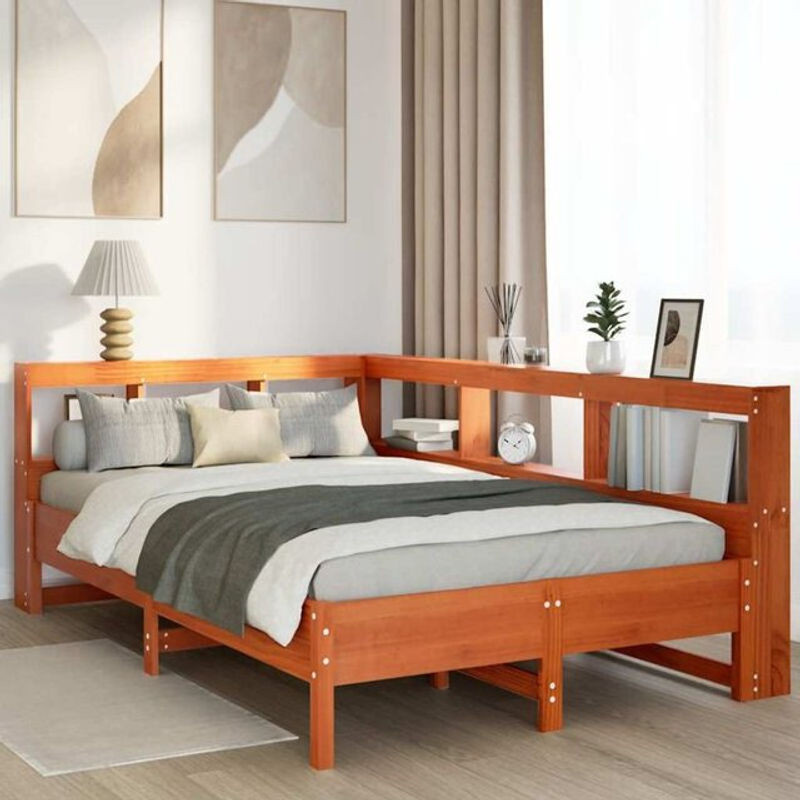 Massivholzbett aus Kiefer mit Regal von Vidaxl in Braun, B/T/H: 120 x 200 x 80 cm - Bild 1