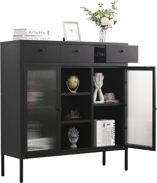 Coemo Kommode Paris in Schwarz aus Metall und Glas mit 3 Schubladen und 3 Fächern mit Glastüren B/T/H: 105 x 35 x 110 cm - Bild 1